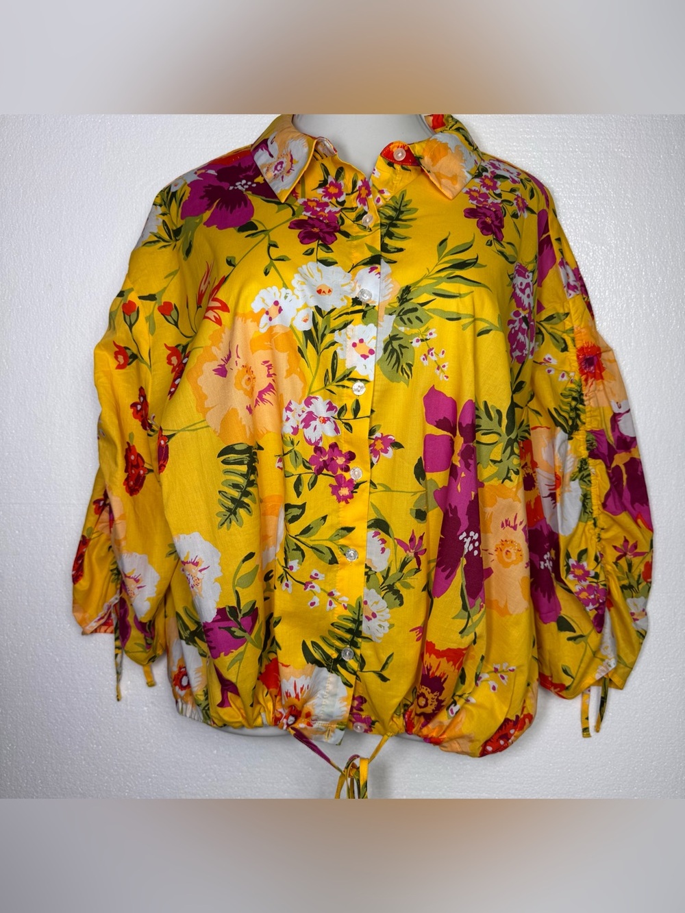 Marc New York Womens Yellow Floral Button Front 3/4 Sleeve Blouse Size 2X NWT